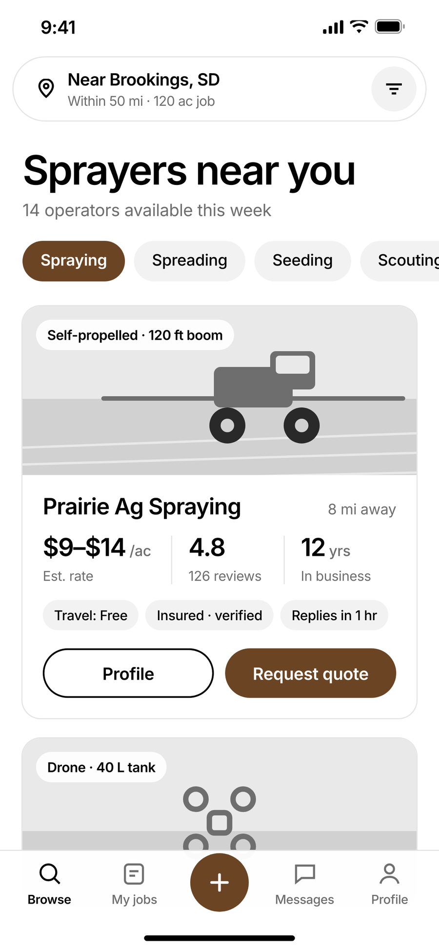 Crop Crew app: browsing sprayer operators nearby